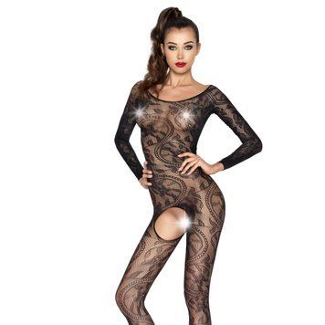 Бодістокінг Passion BS042 black, комбінезон, довгий рукав, закрите плече, Черный