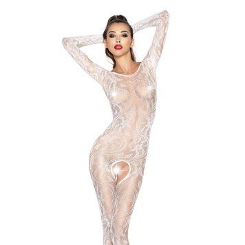 Бодістокінг Passion BS042 white, комбінезон, довгий рукав, закрите плече, Білий