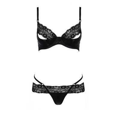 Комплект белья NORTH SET black S/M - Passion Exclusive: лиф и трусики с элементами под латекс, Черный