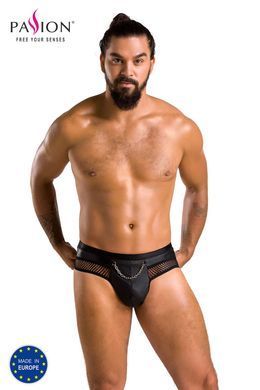 Мужские трусы с цепочкой Passion Slip Tom S/M, черные, экокожа, открытые ягодицы