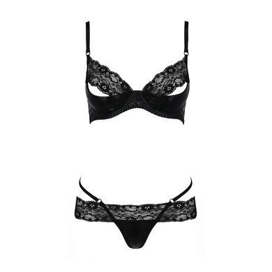 Комплект білизни NORTH SET black XXL/XXXL - Passion Exclusive: ліф і трусики з елементами під латекс, Черный