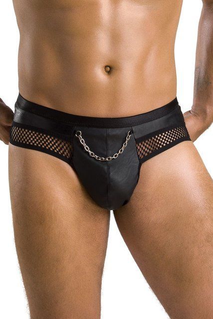 Мужские трусы с цепочкой Passion Slip Tom S/M, черные, экокожа, открытые ягодицы