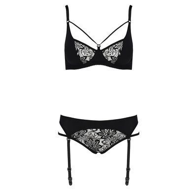 Комплект білизни PAULINE SET black S/M - Passion: стрепи: ліф, стрінги і пояс для панчох, Черный