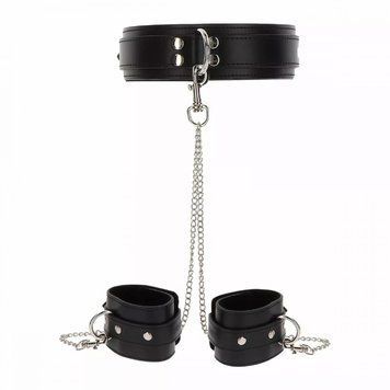 Широкий нашийник з наручниками та ланцюгом Taboom Luxury Bondage Essentials, чорний