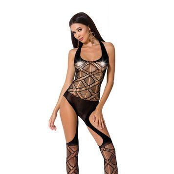 Бодістокінг Passion BS060 black, комбінезон, імітація трусиків і гольфів, Черный