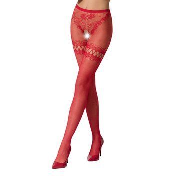 Эротические колготки-бодистокинг Passion S015 red, имитация чулок в сеточку и трусиков с доступом, Красный