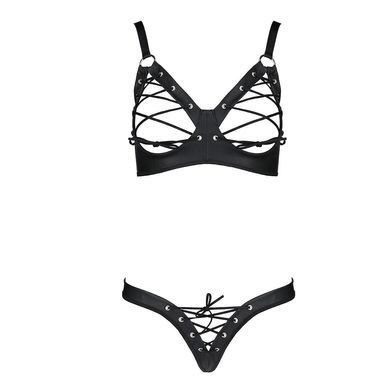 Комплект з екошкіри CELINE BIKINI black XXL/XXXL &mdash; Passion: відкритий бра зі стрічками, стрінги зі ш