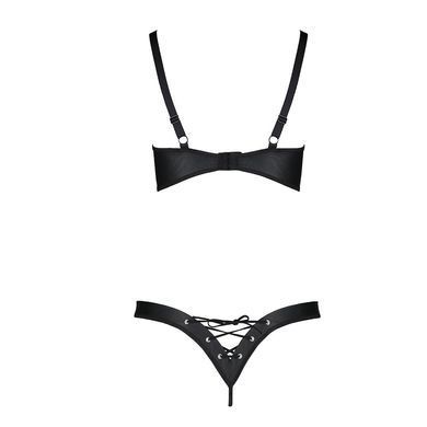 Комплект з екошкіри CELINE BIKINI black XXL/XXXL &mdash; Passion: відкритий бра зі стрічками, стрінги зі ш