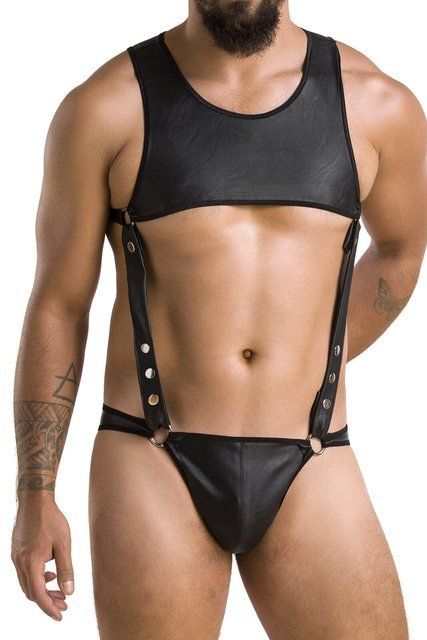 Чоловіче шкіряне боді Passion Adam L/XL, чорне, заклепки