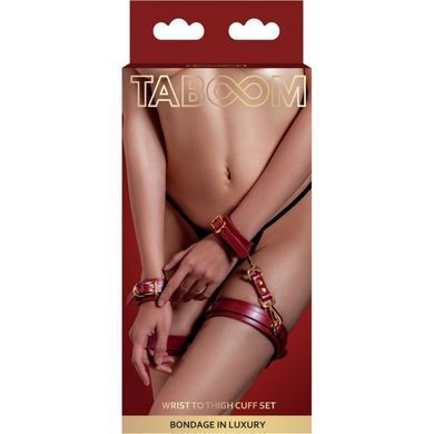Фиксаторы на бедра с наручниками и карабинами Taboom, красные, с золотистой фурнитурой
