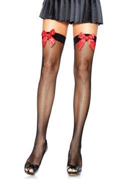 Leg Avenue Fishnet Thigh Highs With Bow OS Black & Red
