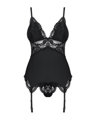 Сатиновый кружевной корсет Obsessive 810-COR-1 babydoll & thong L/XL, черный, корсет, танга