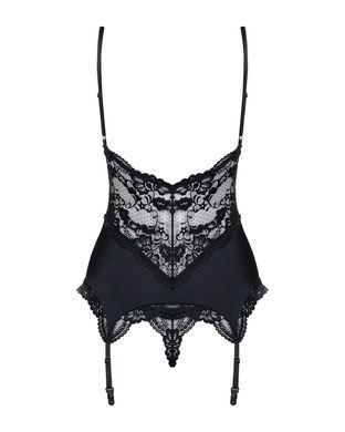 Сатиновый кружевной корсет Obsessive 810-COR-1 babydoll & thong L/XL, черный, корсет, танга