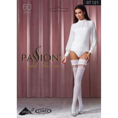 Панчохи Passion ST121 3/4 білі, на ажурній силіконовій резинці, з квітковим орнаментом та вертикальн, Білий