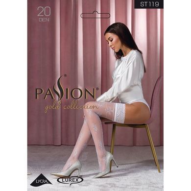 Чулки Passion ST119 3/4 белые, на ажурной силиконовой резинке, с цветочным декором и люрексовой нить, Белый