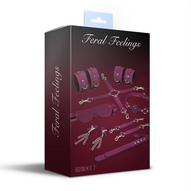 Набір Feral Feelings BDSM Kit 7 Burgundy, наручники, поножі, конектор, маска, паддл, кляп, затискачі