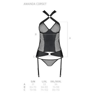 Сітчастий комплект корсет з халтером, зйомні підв'язки та трусики Amanda Corset black L/XL - Passion, Черный