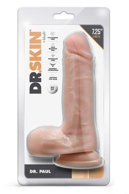 Фаллоимитатор реалистичный на присоске Blush Dr. Skin с мошонкой, бежевый, 18.4 х 4.4 см
