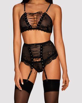 Комплект со шнуровкой и поясом для чулок Obsessive Basitta set Black L/Xl