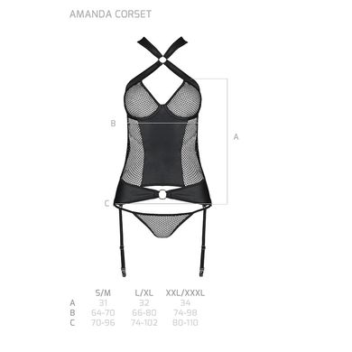 Сітчастий комплект корсет з халтером, зйомні підв'язки та трусики Amanda Corset black S/M - Passion, Черный