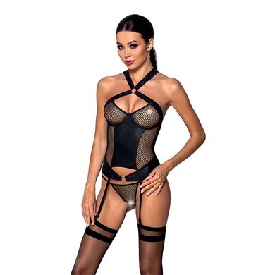 Сетчатый комплект корсет с халтером, съемные подвязки и трусики Amanda Corset black XXL/XXXL - Passi, Черный