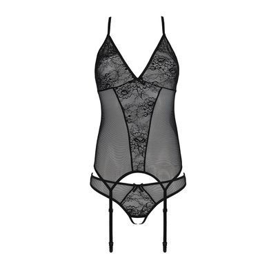 Корсет із пажами, трусики з ажурним декором та відкритим кроком Ursula Corset black S/M &mdash; Passion, Черный