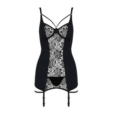 Сорочка приталенная с пажами PAULINE CHEMISE black S/M - Passion, трусики, Черный