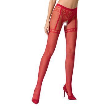 Эротические колготки-бодистокинг Passion S012 red, имитация чулок, пояса и ажурных трусиков, Красный