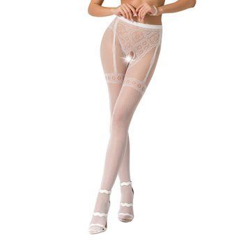 Эротические колготки-бодистокинг Passion S012 white, имитация чулок, пояса и ажурных трусиков, Белый