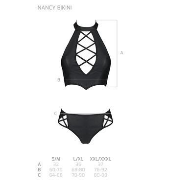 Комплект з еко-шкіри Nancy Bikini black S/M - Passion, бра та трусики з імітацією шнурівки, Черный