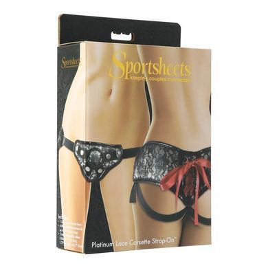 Трусы для страпона Sportsheets - Platinum Lace Corset, широкий пояс, бант, кружево, Платиновий