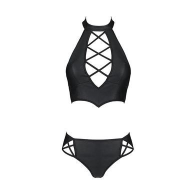 Комплект з еко-шкіри Nancy Bikini black XXL/XXXL - Passion, бра та трусики з імітацією шнурівки, Черный