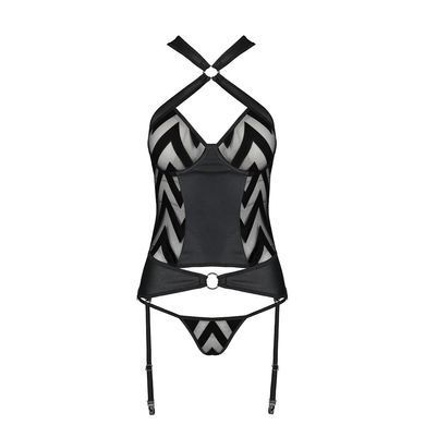 Сетчатый комплект с узором Hima Corset black L/XL - Passion, корсет с халтером, подвязки, трусики, Черный