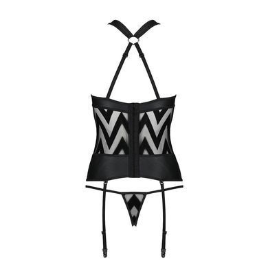 Сетчатый комплект с узором Hima Corset black L/XL - Passion, корсет с халтером, подвязки, трусики, Черный
