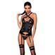 Сетчатый комплект с узором Hima Corset black L/XL - Passion, корсет с халтером, подвязки, трусики, Черный