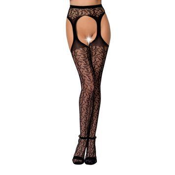 Эротические колготки-бодистокинг Passion S014 black, имитация чулок в сеточку и пояса, Черный