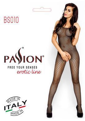 Бодістокінг Passion BS010 black, комбінезон, дрібна сіточка, Черный