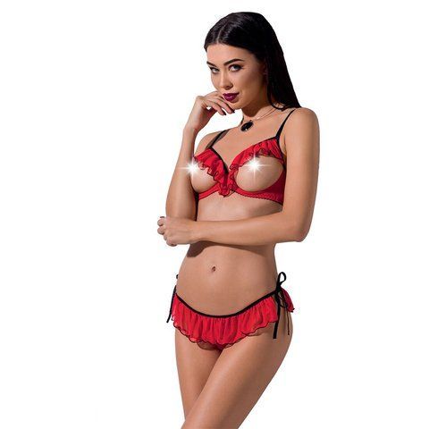 Комплект белья CHERRY SET OpenBra red XXL/XXXL - Passion Exclusive: открытый лиф, трусики-юбочка