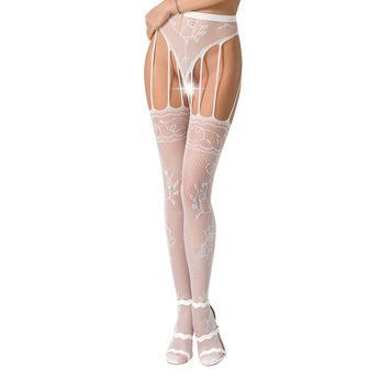Эротические колготки-бодистокинг Passion S016 white, имитация ажурных с доступом трусиков и чулок, Белый
