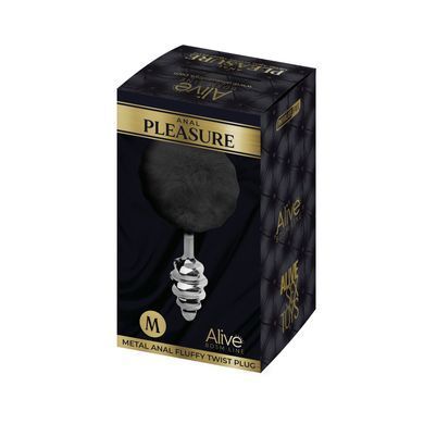 Металева анальна пробка Кролячий хвостик Alive Fluffly Twist Plug M Black