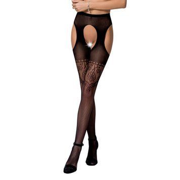 Эротические колготки-бодистокинг Passion S017 black, имитация ажурных чулок и пояса, Черный